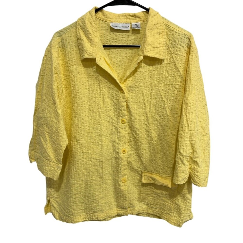 Hillard & Hanson Womens XL Yellow Textured Button-Up Shirt Lightweight Top